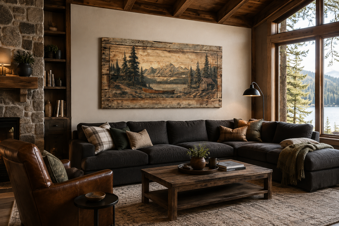 Canoe on Mountain Lake Canvas Wall Art displayed above a dark sofa in a rustic living room.