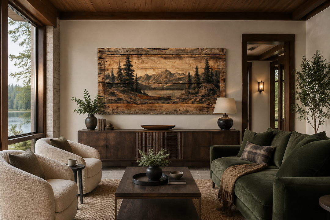 Canoe on Mountain Lake canvas wall art displayed above a dark wood sideboard in a rustic living room