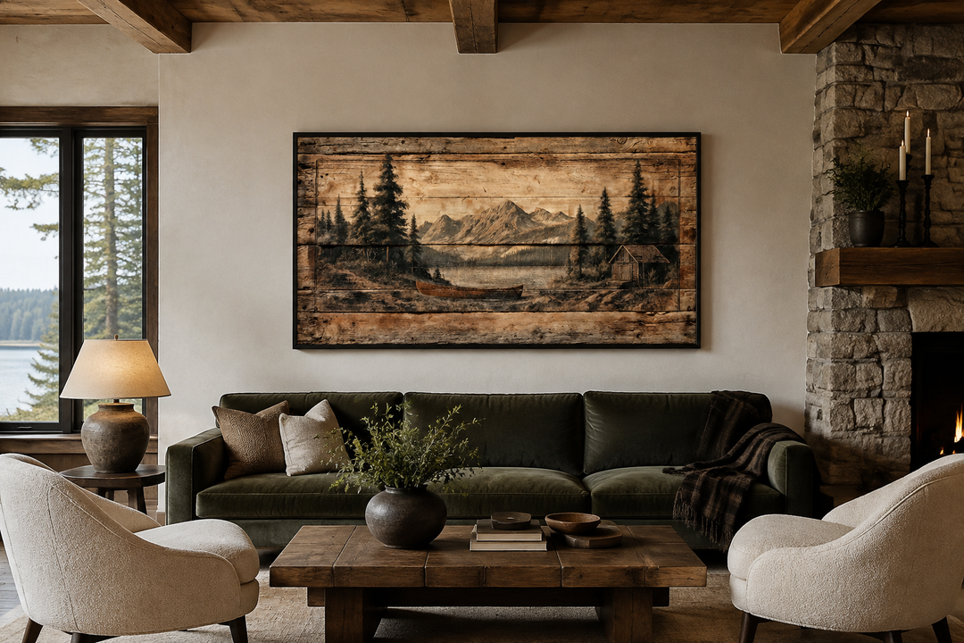 Canoe on mountain lake canvas wall art in a rustic living room with a green sofa and stone fireplace.
