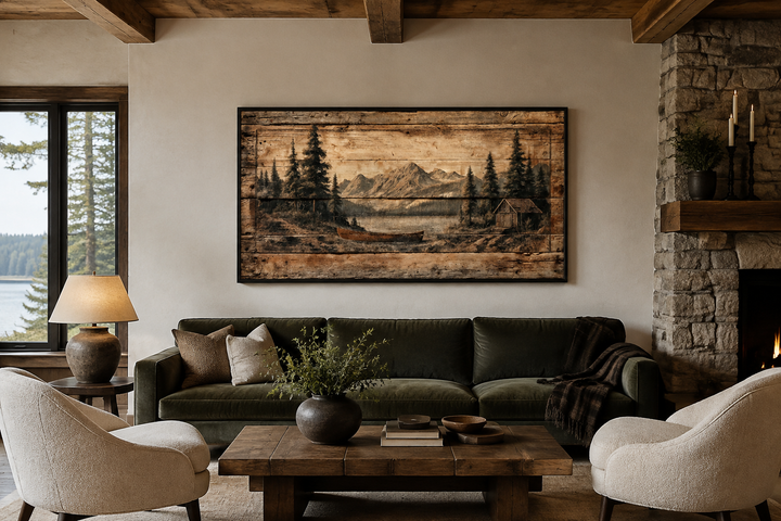 Canoe on mountain lake canvas wall art in a rustic living room with a green sofa and stone fireplace.