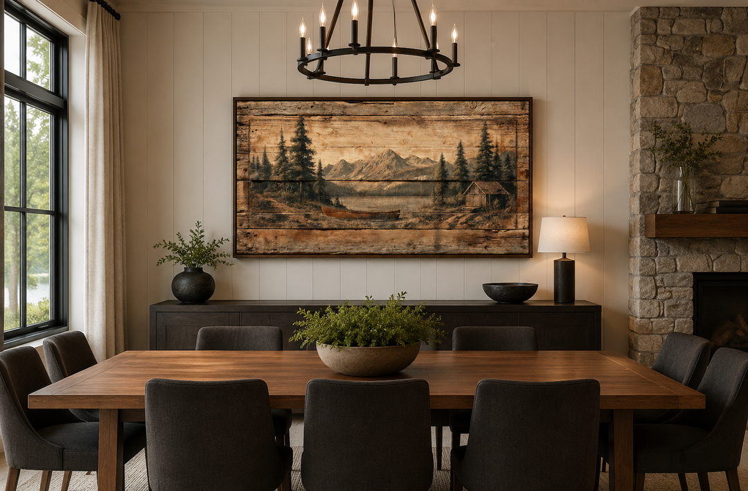 Canoe on Mountain Lake Canvas Wall Art in a rustic dining room above a dark wood sideboard.