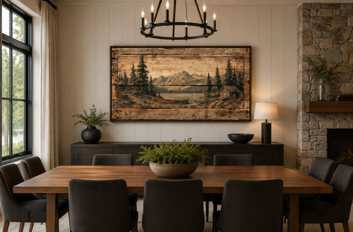 Canoe on Mountain Lake Canvas Wall Art in a rustic dining room above a dark wood sideboard.