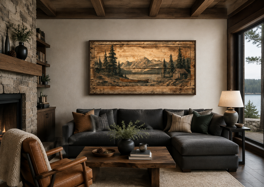 Canoe on Mountain Lake Canvas Wall Art in a rustic living room above a dark grey sofa.