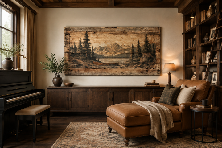 Canoe on mountain lake canvas wall art on a rustic wood panel above a dark wood sideboard.