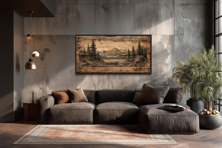 Canoe on mountain lake canvas wall art on a concrete wall above a dark grey sectional sofa.