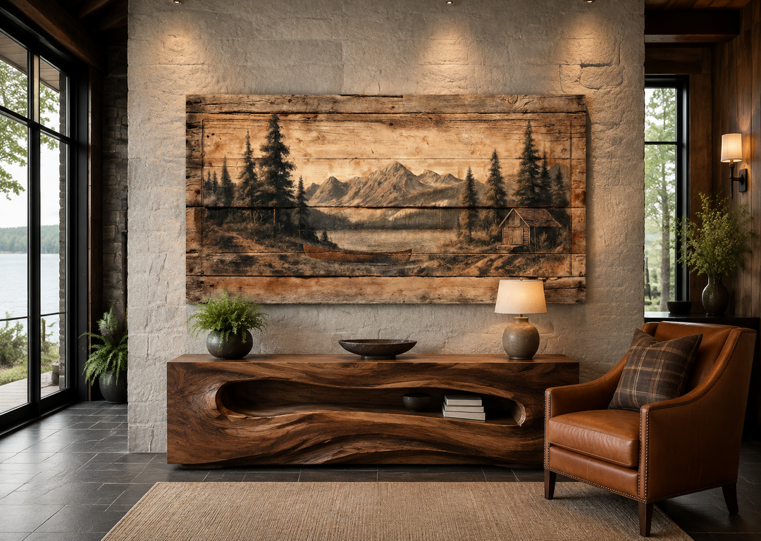 Canoe on mountain lake canvas wall art displayed on a stone wall in a rustic living room.