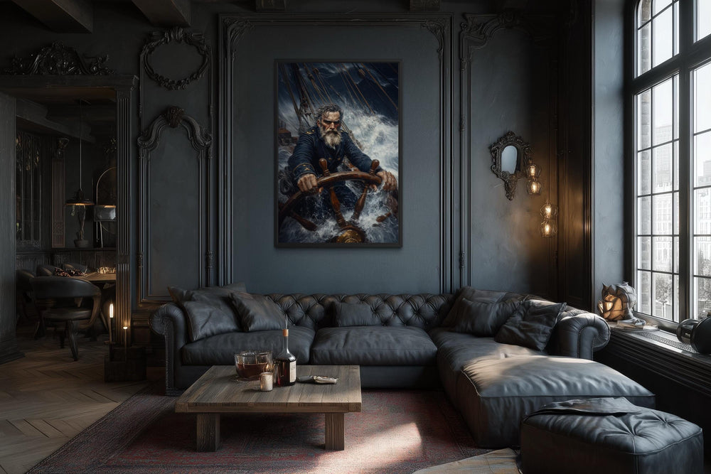 Captain Steering Ship Through Storm Canvas Wall Art