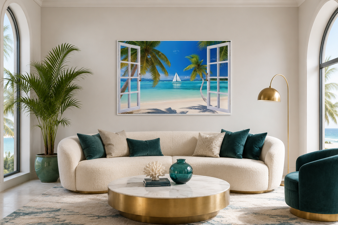 Caribbean beach and sailboat open window view wall art above a white sofa in a modern living room.