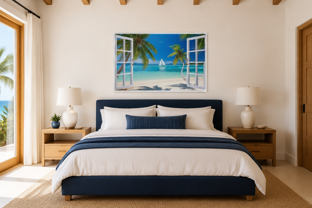 Caribbean beach and sailboat open window view wall art above a blue bed in a bright bedroom.
