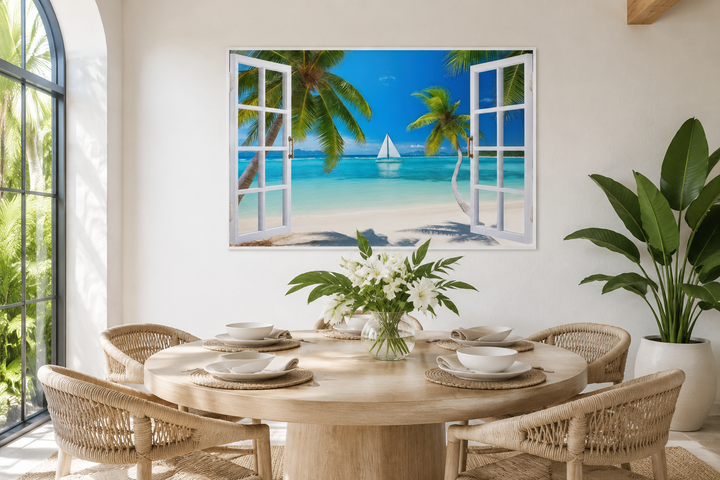 Caribbean beach and sailboat open window view wall art hanging in a bright dining room.