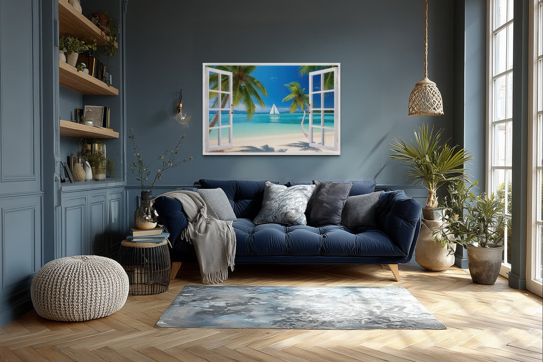 Caribbean Beach And Sail Boat Open Window View Wall Art