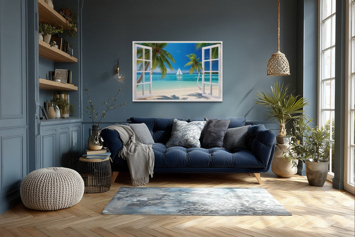 Caribbean Beach And Sail Boat Open Window View Wall Art