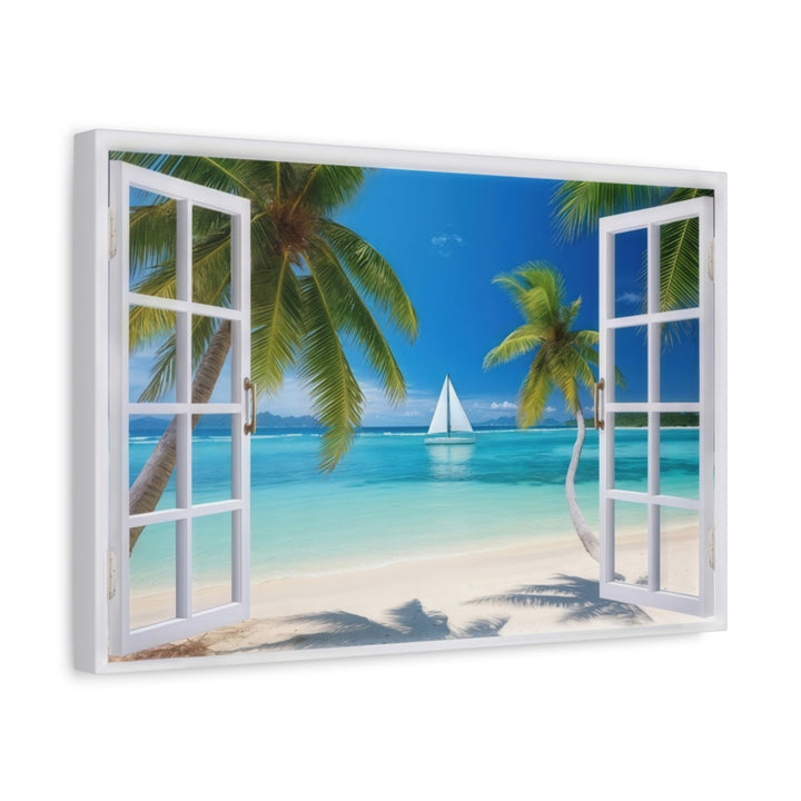 Framed canvas wall art of a Caribbean beach and sailboat seen through an open white window frame.