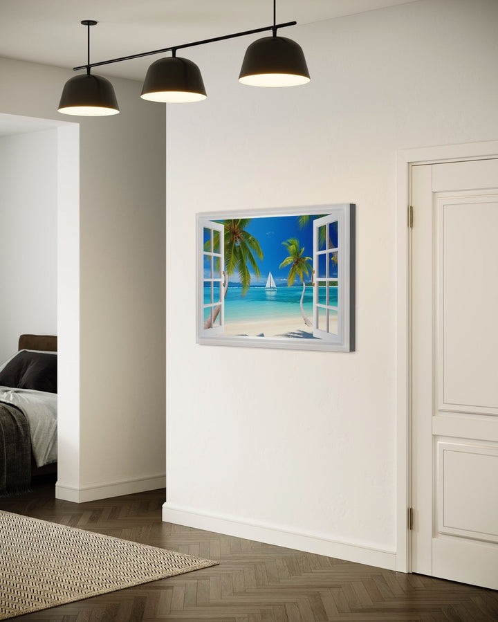 Caribbean Beach And Sail Boat Open Window View Wall Art