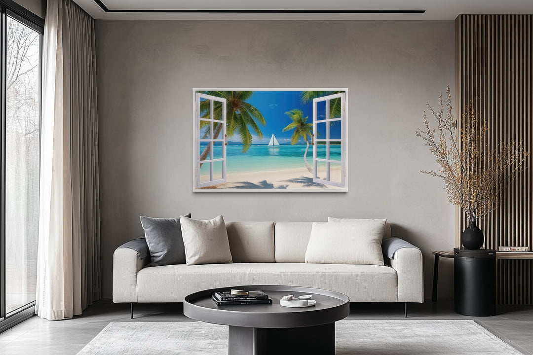 Caribbean Beach And Sail Boat Open Window View Wall Art