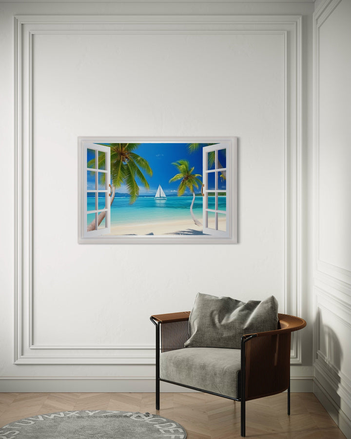 Caribbean Beach And Sail Boat Open Window View Wall Art