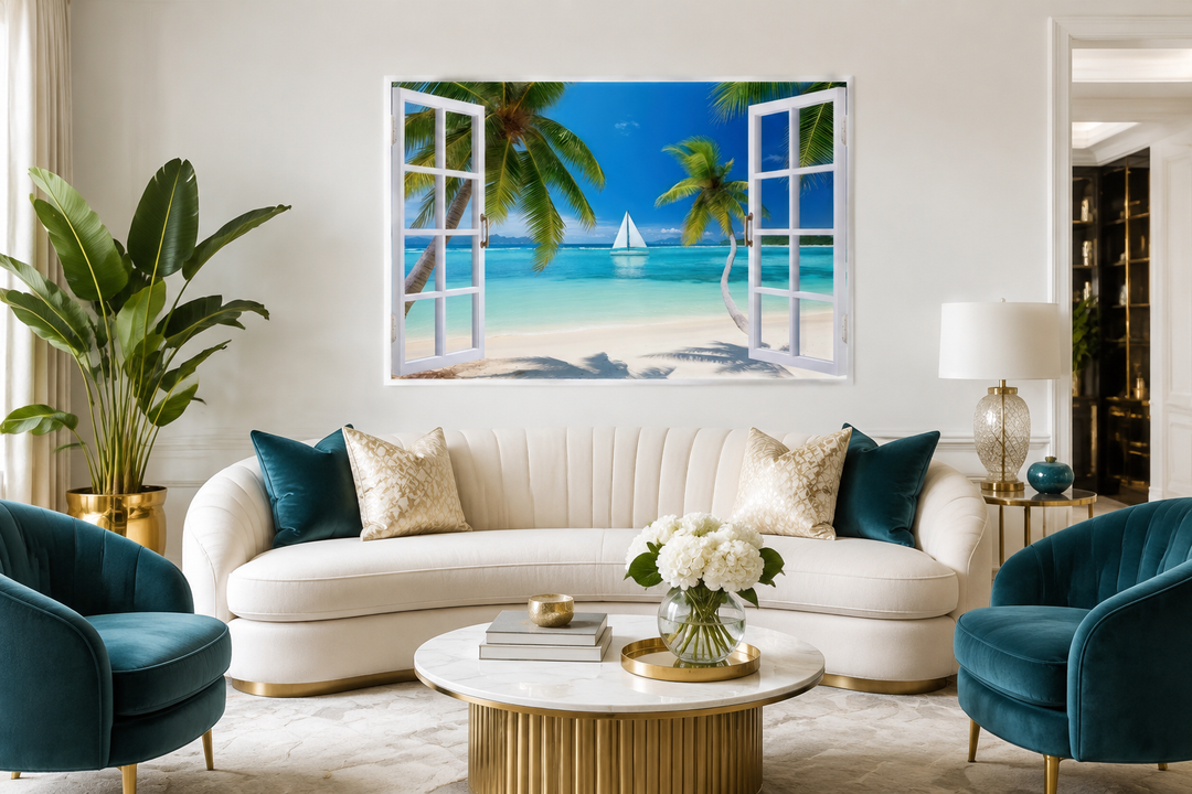 Caribbean beach and sailboat open window view wall art above a white sofa in a living room.