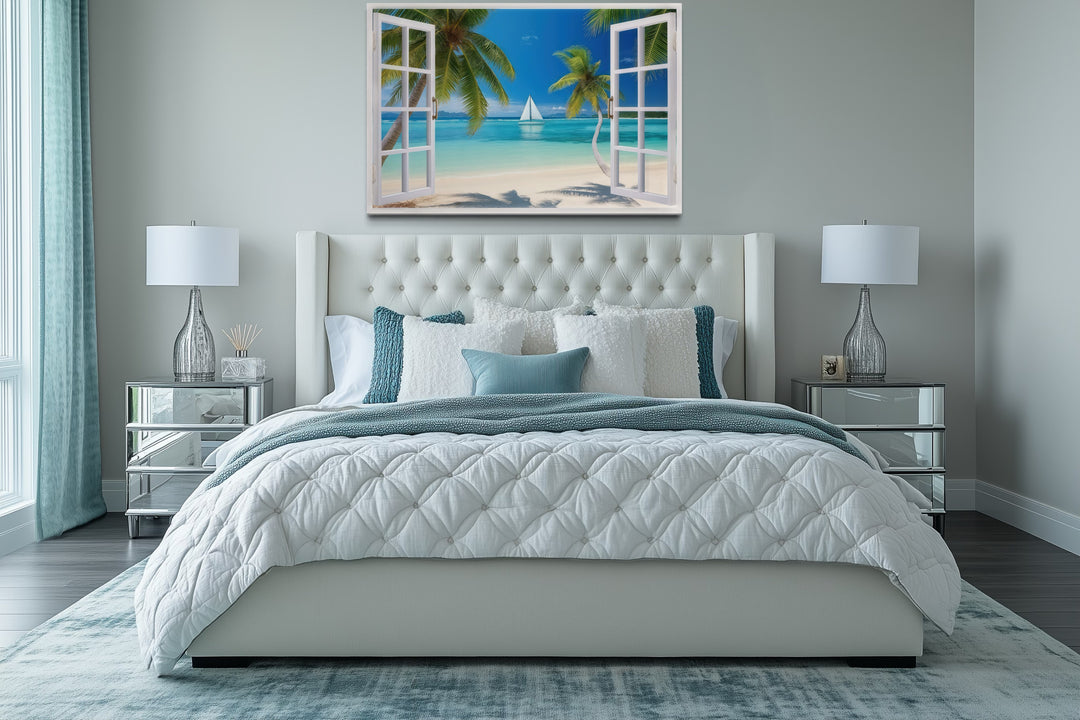 Caribbean Beach And Sail Boat Open Window View Wall Art