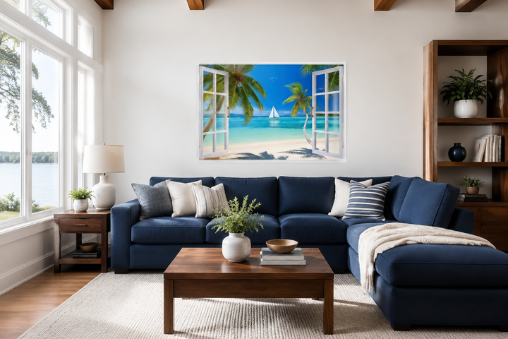 Caribbean beach and sailboat open window view wall art above a blue sectional sofa in a living room.