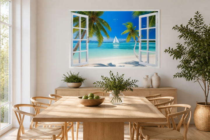 Caribbean beach and sailboat open window view wall art in a modern dining room setting.