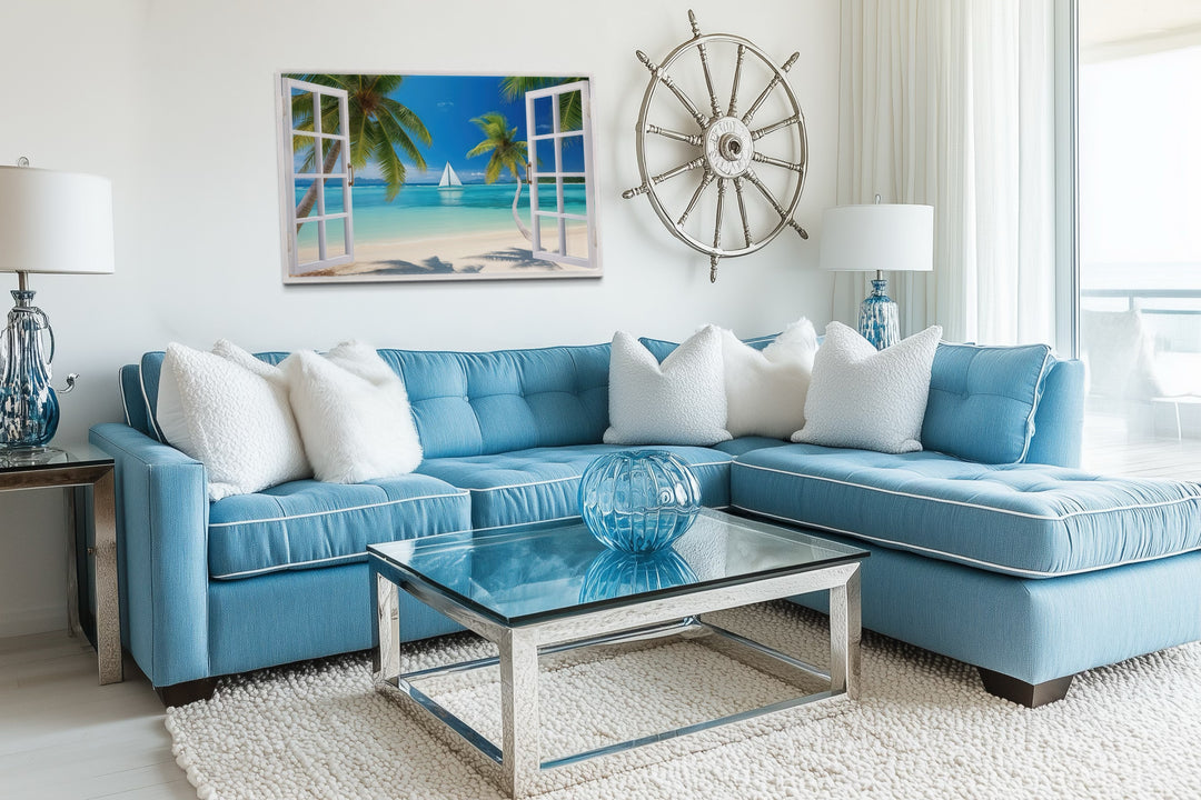 Caribbean Beach And Sail Boat Open Window View Wall Art