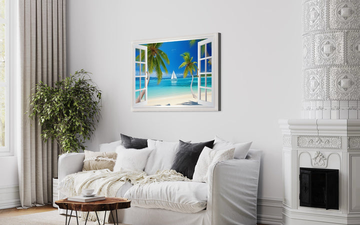 Caribbean Beach And Sail Boat Open Window View Wall Art