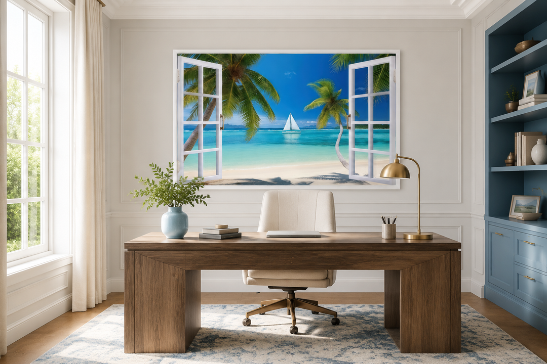 Caribbean beach and sailboat open window view wall art above a wooden desk in a home office.