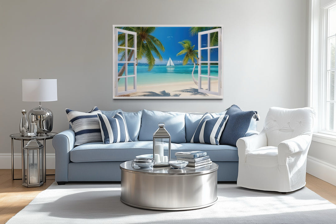 Caribbean Beach And Sail Boat Open Window View Wall Art