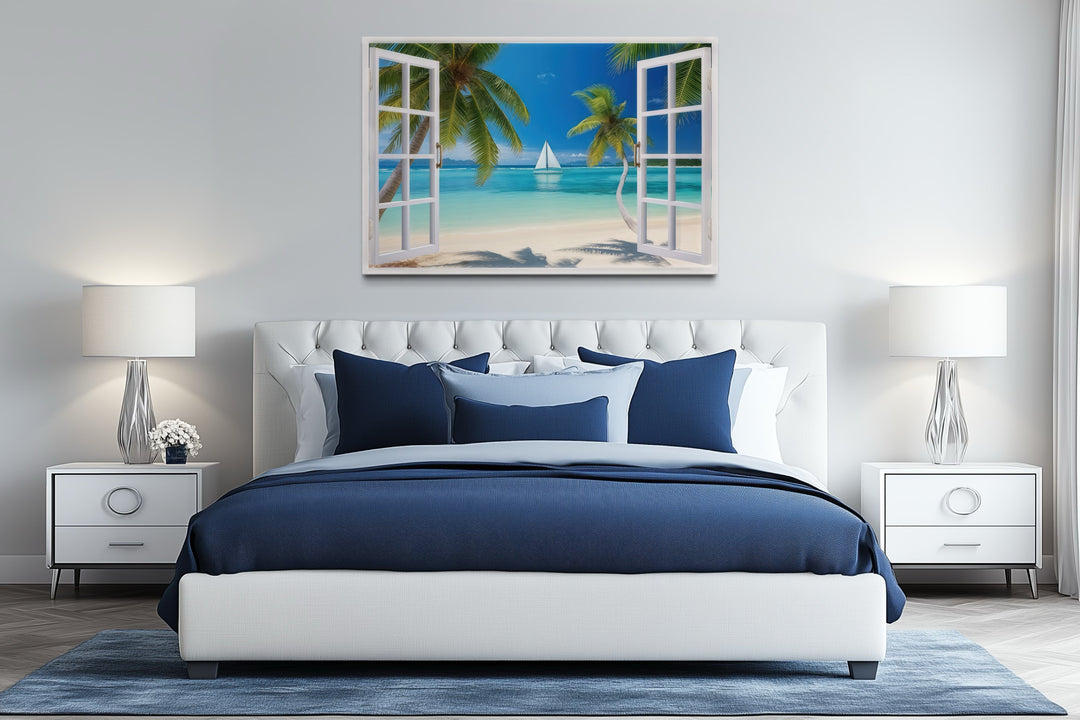 Caribbean Beach And Sail Boat Open Window View Wall Art