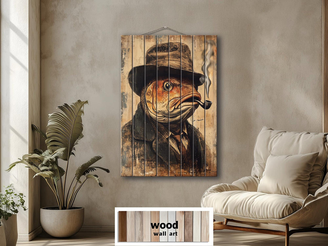 Distressed wood wall art featuring a whimsical carp in a hat smoking a pipe for cabin decor.
