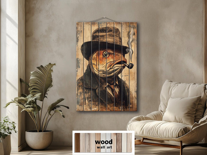 Distressed wood wall art featuring a whimsical carp in a hat smoking a pipe for cabin decor.