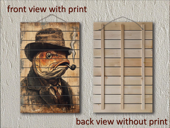 Distressed wood wall art featuring a carp in a hat smoking a pipe, shown from front and back.