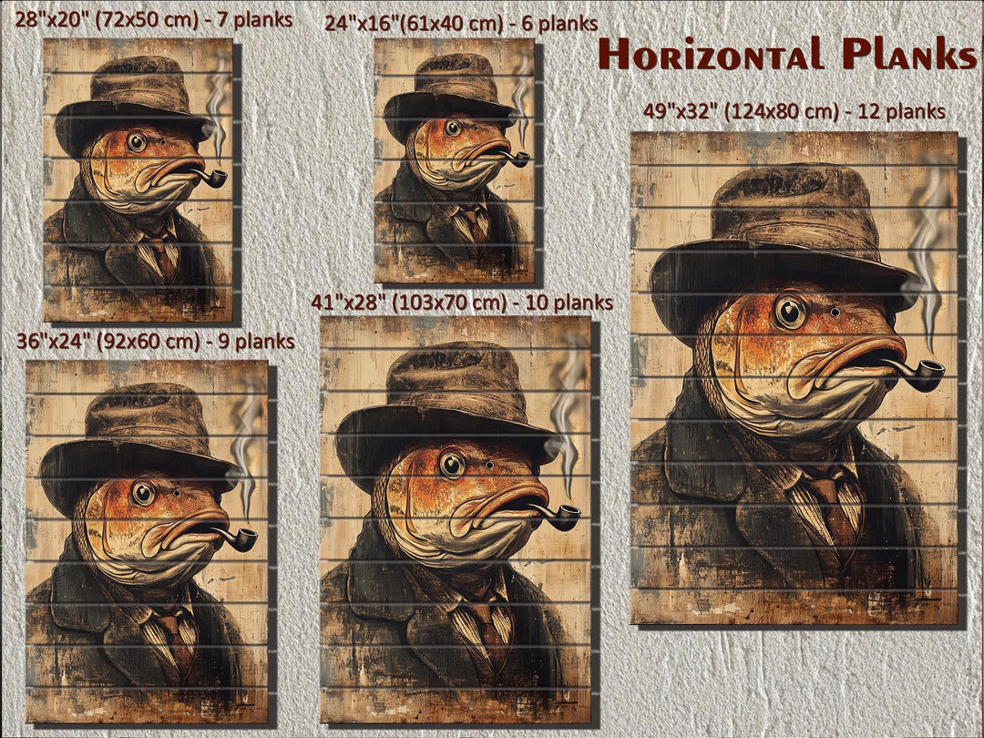 Distressed wood wall art featuring a carp in a hat smoking a pipe, shown in five available sizes.