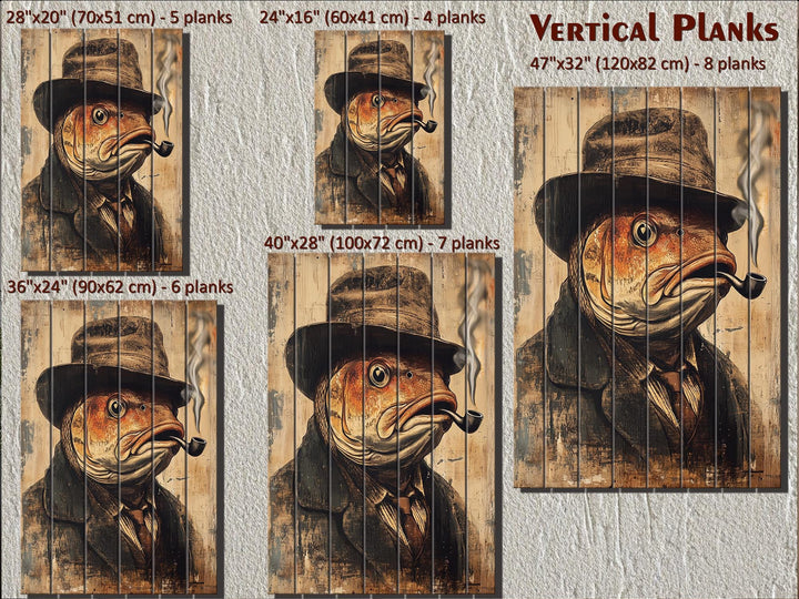 Distressed wood wall art featuring a carp in a hat smoking a pipe, shown in five size options.