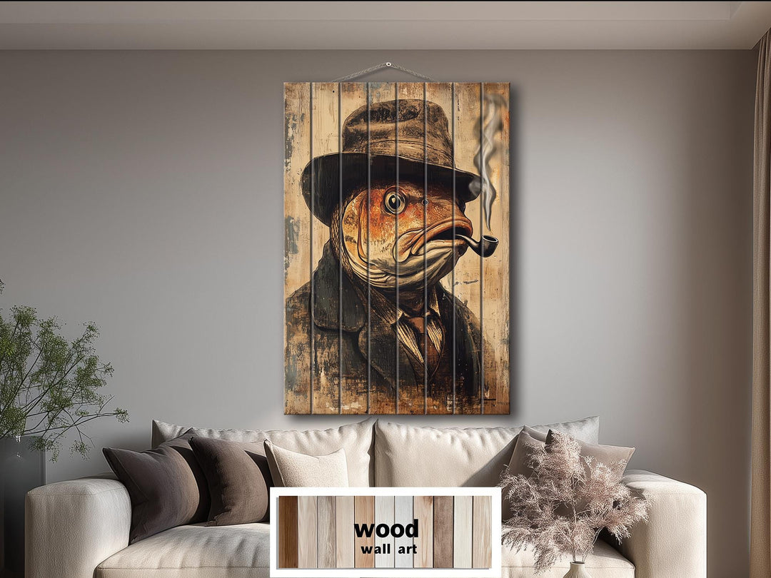Vertical wood plank wall art featuring a whimsical carp in a hat and coat smoking a pipe.