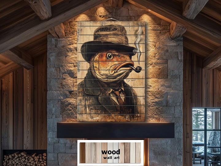 Distressed wood wall art featuring a whimsical carp wearing a hat and smoking a pipe.