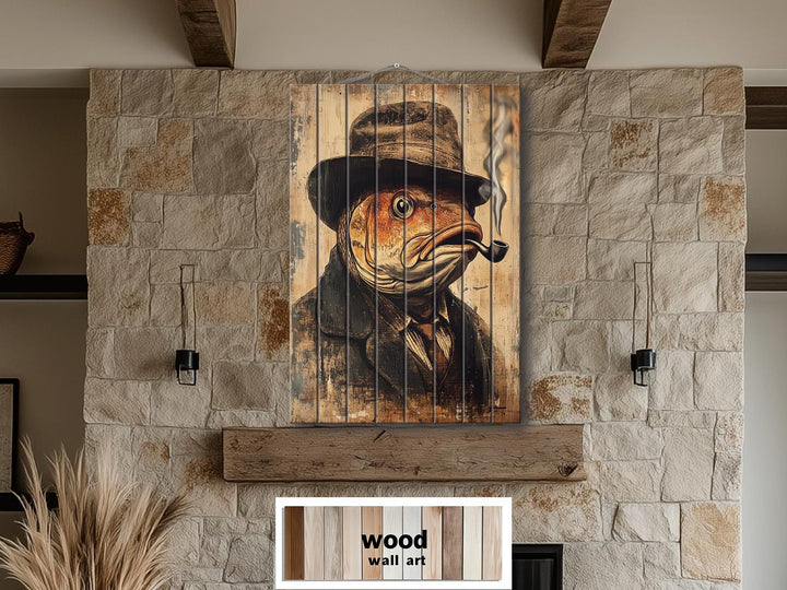 Vertical wood plank wall art featuring a whimsical carp in a hat and coat smoking a pipe.