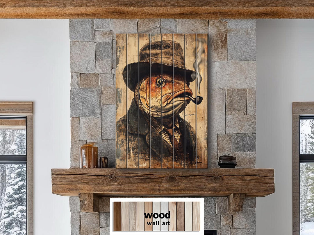 Distressed wood wall art featuring a whimsical carp wearing a hat and smoking a pipe.