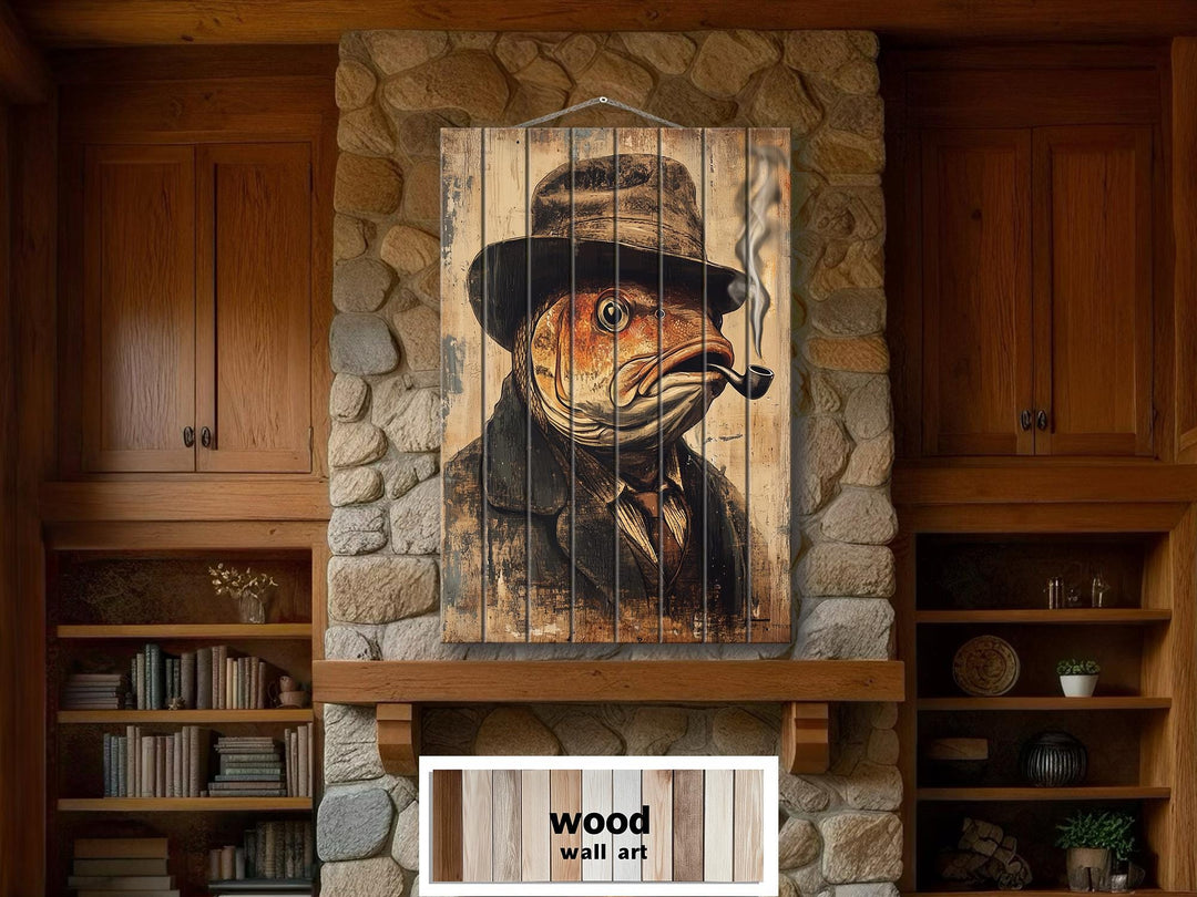 A whimsical carp smoking a pipe on distressed wood planks, hanging above a stone fireplace.
