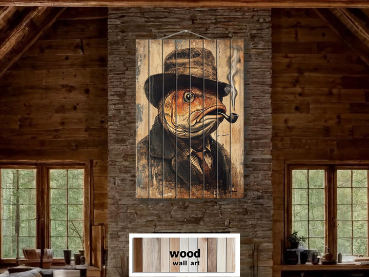 Distressed wood wall art featuring a whimsical carp wearing a hat and smoking a pipe.
