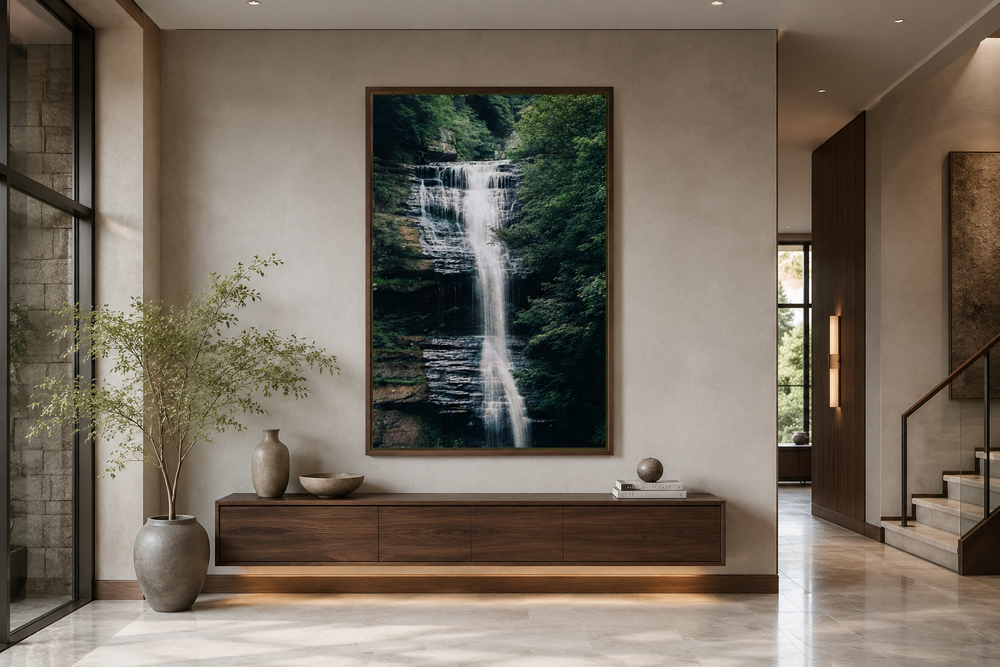 Vertical wall art of a sage green forest waterfall landscape in a dark wood frame above a console.