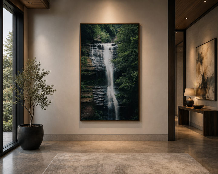 Vertical wall art of a sage green forest waterfall on rocky cliffs in a modern living room.