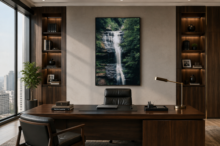 Vertical wall art of a sage green forest waterfall landscape hanging in a modern office.