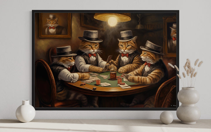 Cats Playing Poker Framed Game Room Canvas Wall Art