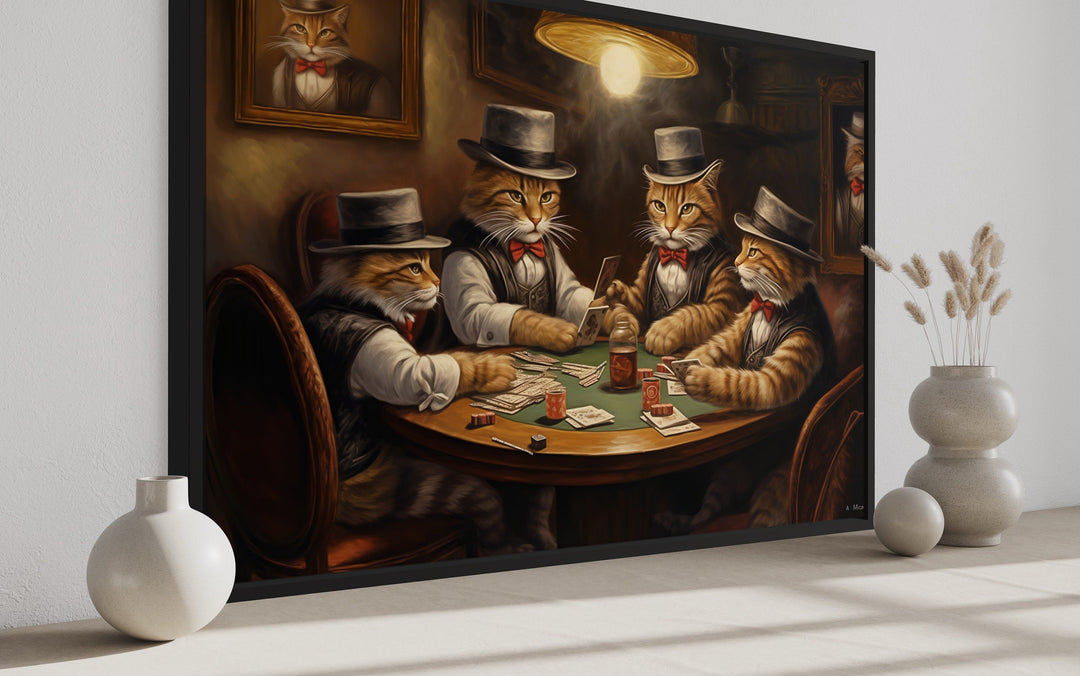 Cats Playing Poker Framed Game Room Canvas Wall Art