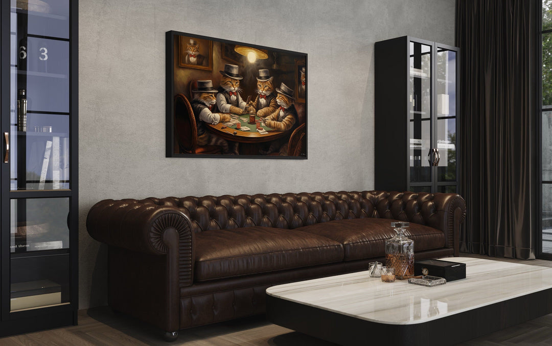 Cats Playing Poker Framed Game Room Canvas Wall Art