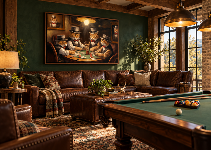 Framed canvas wall art of cats playing poker in a rustic game room with a pool table and sofa.