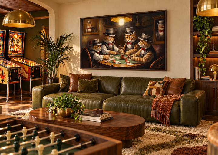 Framed canvas wall art of cats playing poker hanging above a green leather sofa in a game room.
