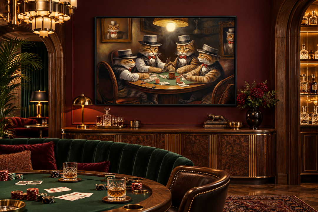 Cats Playing Poker framed canvas wall art in a sophisticated game room with dark wood accents.