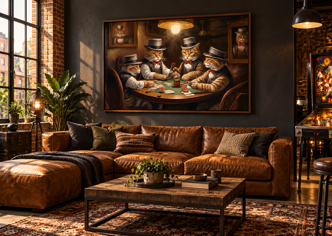 Framed canvas wall art of cats playing poker in a vintage-style game room above a leather sofa.